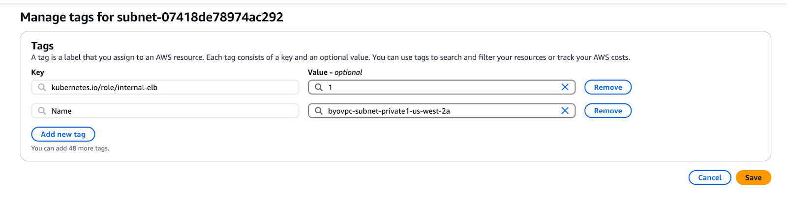 BYOC VPC 서브넷 태그