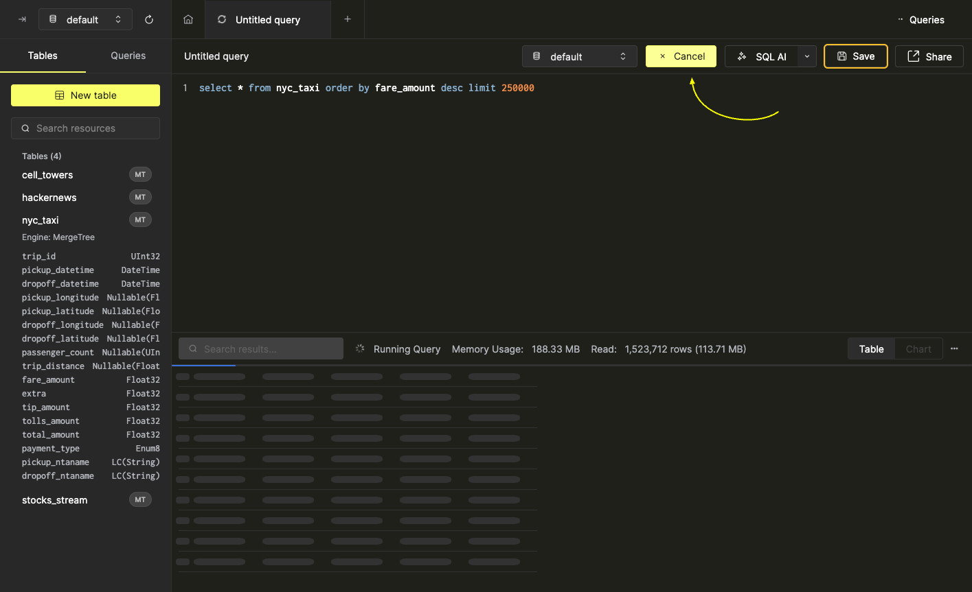 쿼리 실행 중에 표시되는 Cancel 버튼