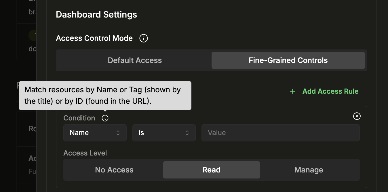 조건 툴팁: 이름 또는 태그(제목에 표시됨), 또는 ID(URL에서 확인 가능)를 기준으로 리소스를 매칭합니다
