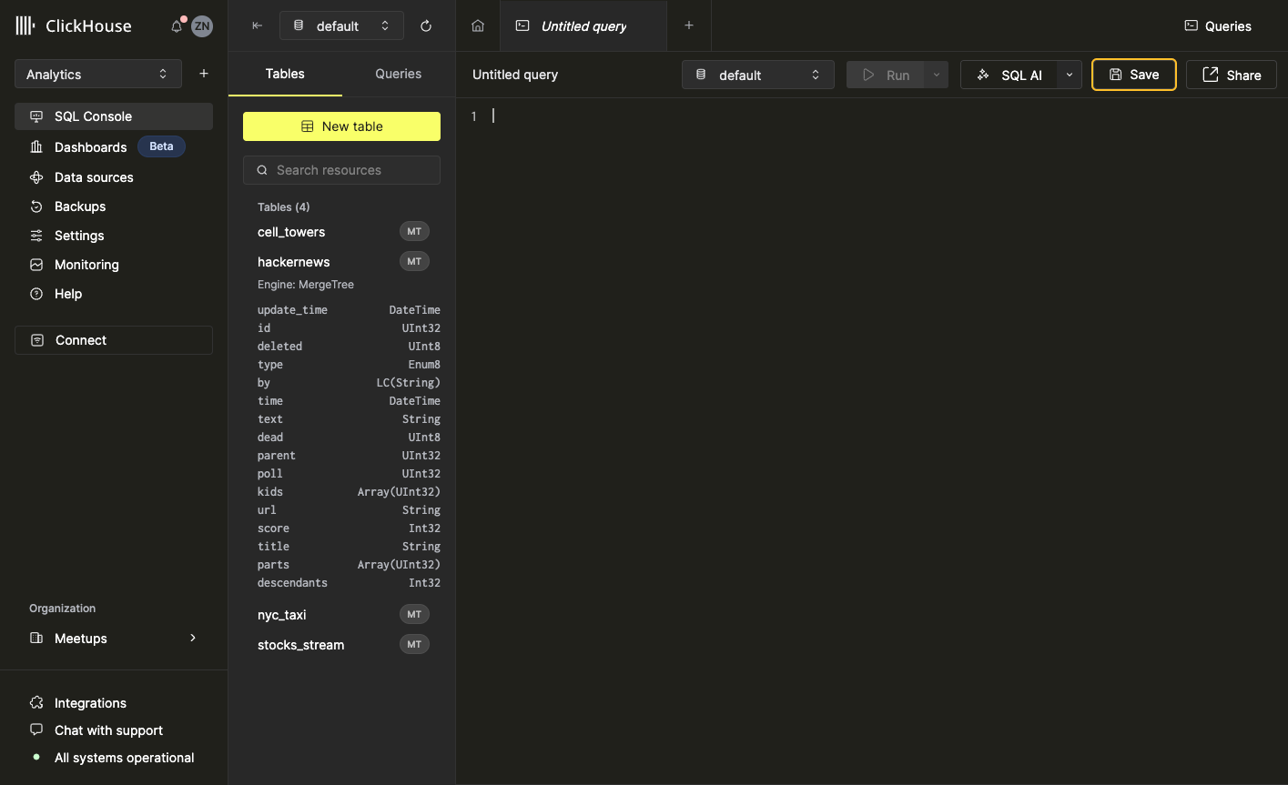 ＋ 버튼 또는 New Query 버튼을 사용하여 새 쿼리를 생성하는 방법을 보여주는 인터페이스