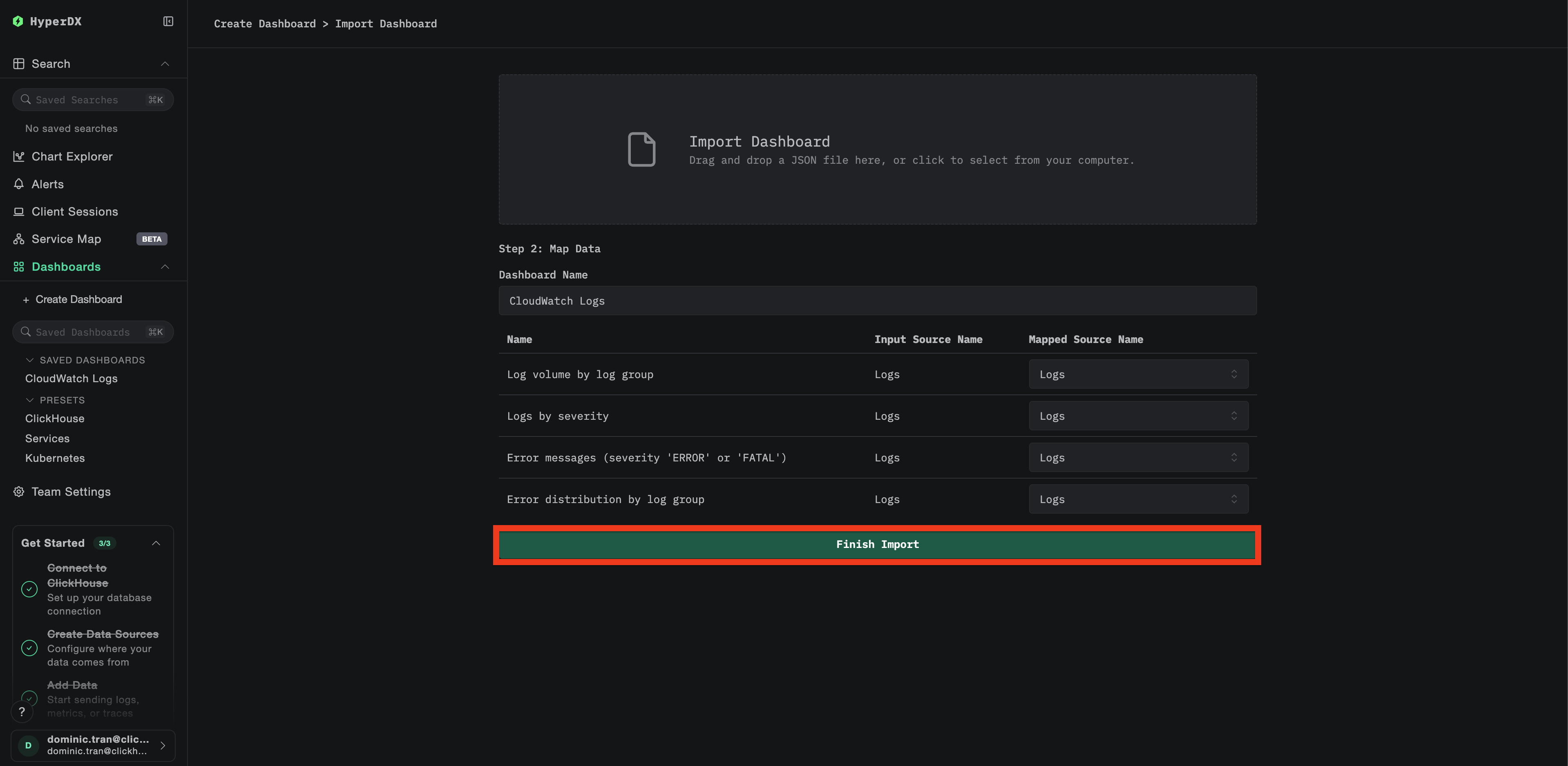 가져오기 완료 대화 상자