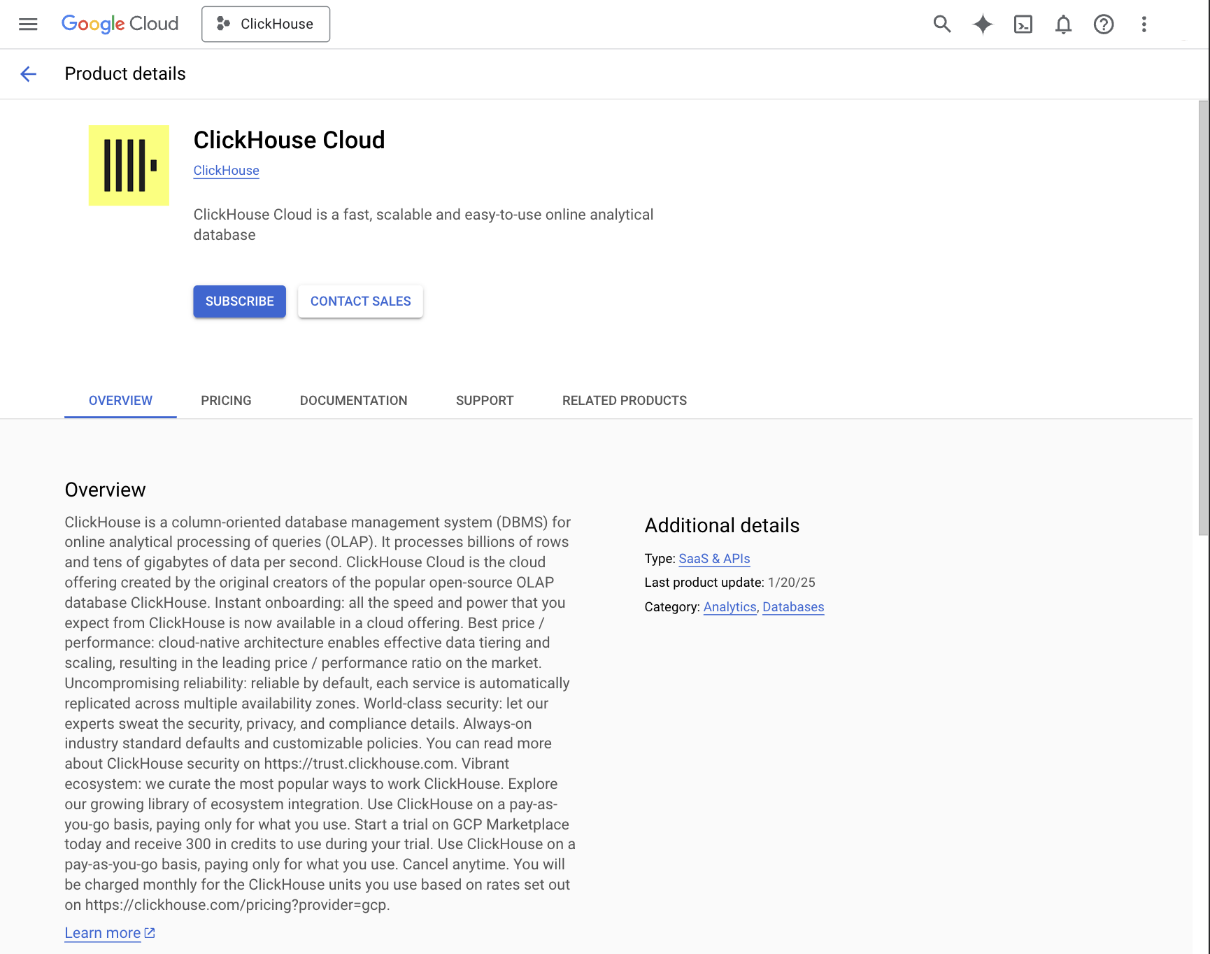 GCP Marketplace의 ClickHouse Cloud