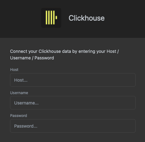 ClickHouse host, username, password 필드를 보여주는 Luzmo 연결 구성 폼