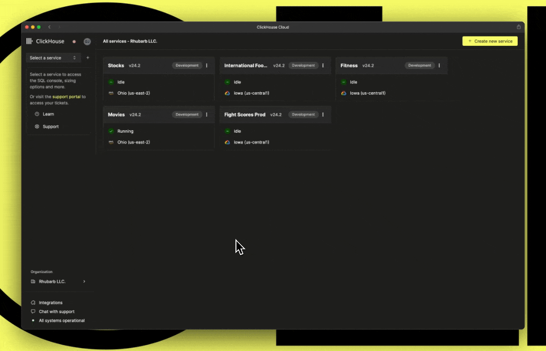 통합 SQL 에디터와 관리 기능을 갖춘 새로운 ClickHouse Cloud Console 인터페이스를 보여주는 애니메이션