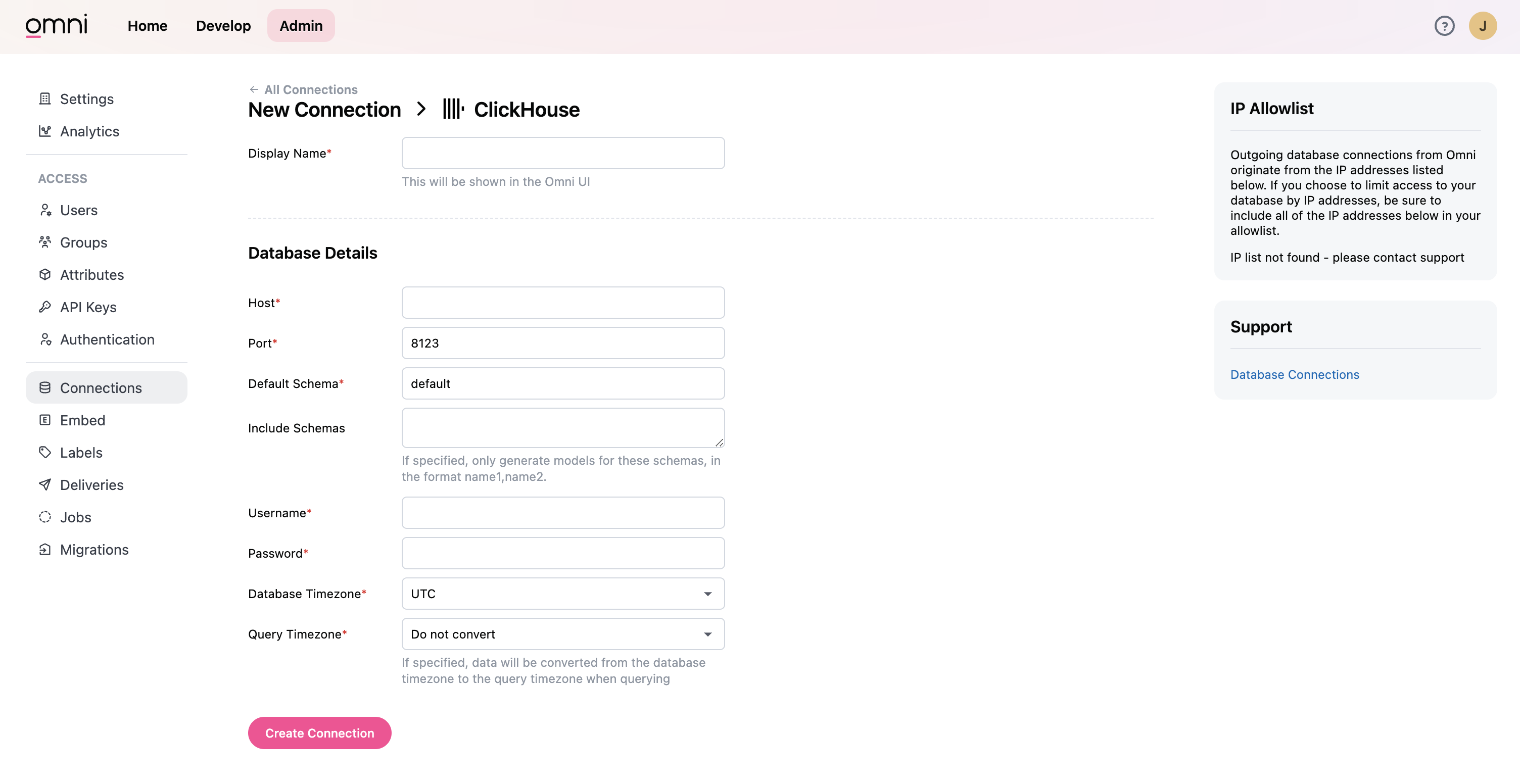 자격 증명 입력 폼 필드를 보여주는 ClickHouse용 Omni 연결 구성 인터페이스