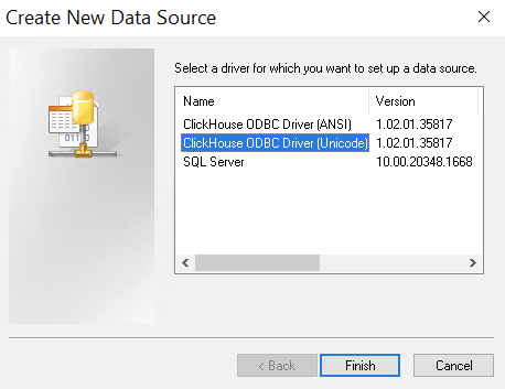 ClickHouse Unicode Driver 선택이 표시된 Create New Data Source 대화 상자