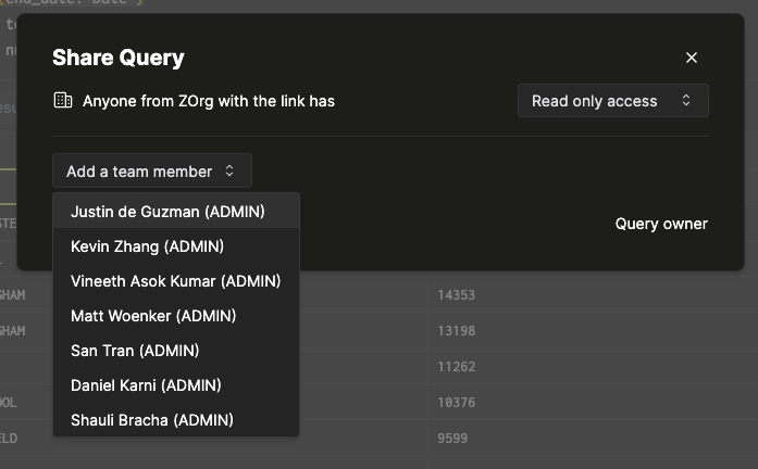 공유된 쿼리에 팀을 추가하는 인터페이스