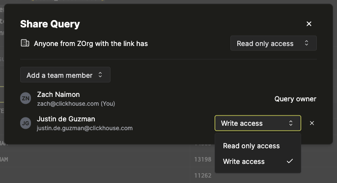 공유된 쿼리에 대한 구성원 접근 권한을 편집하는 인터페이스