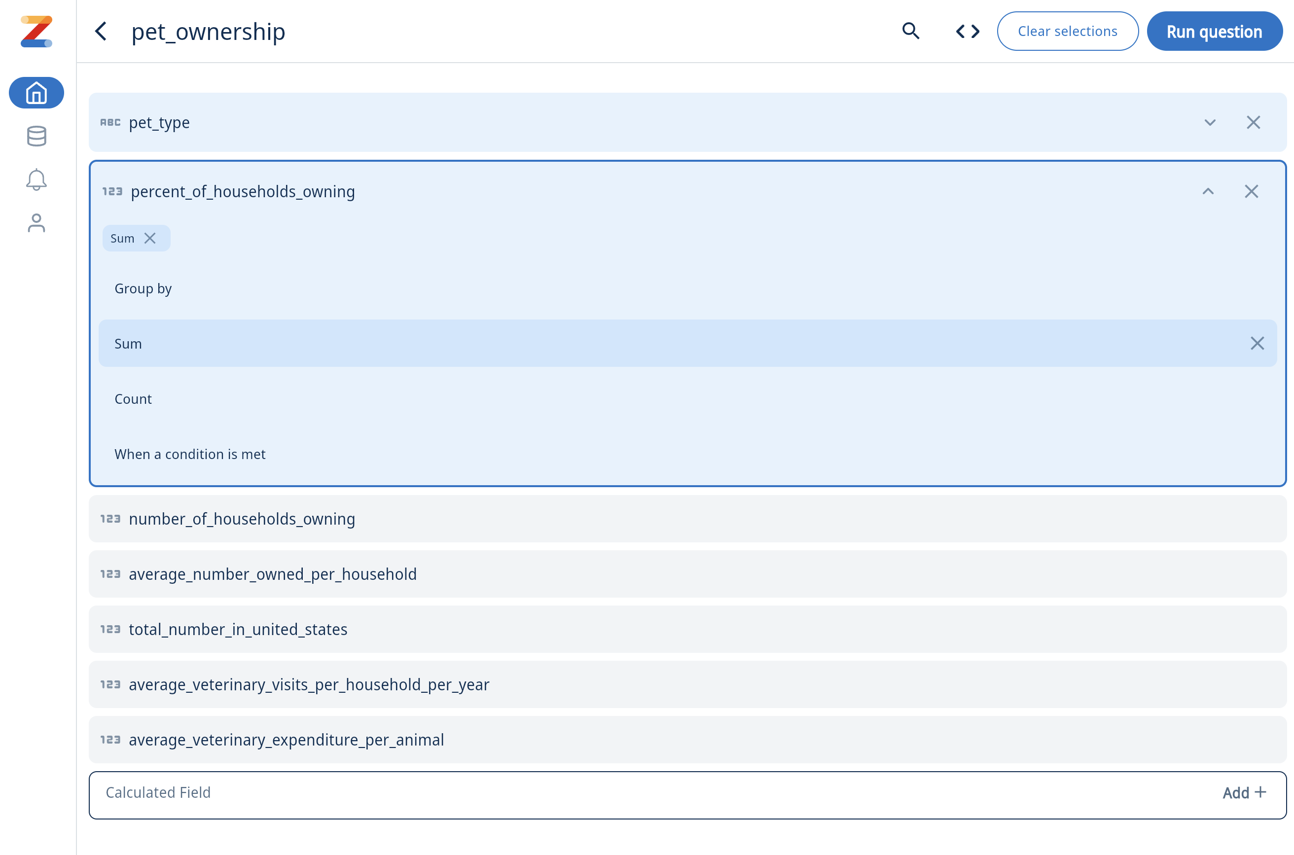 필드 선택 및 집계 옵션이 포함된 Zing Data 시각적 쿼리 빌더 인터페이스